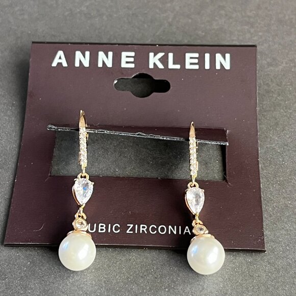 Anne Klein Pearl and CZ Drop Pierced Earrings NEW - Picture 3 of 4